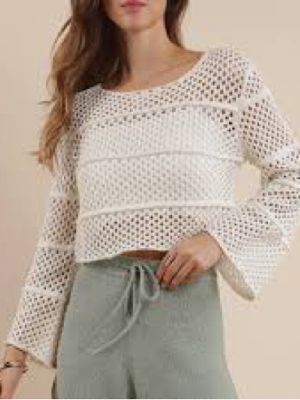 Sage White Crochet Open-Weave Long Sleeve Pullover
